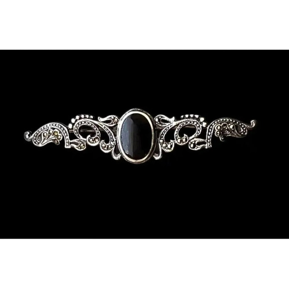 unmarked Jewelry - VTG Onyx & Marcasite Sterling Silver mourning Collar Brooch Pin 925 silver